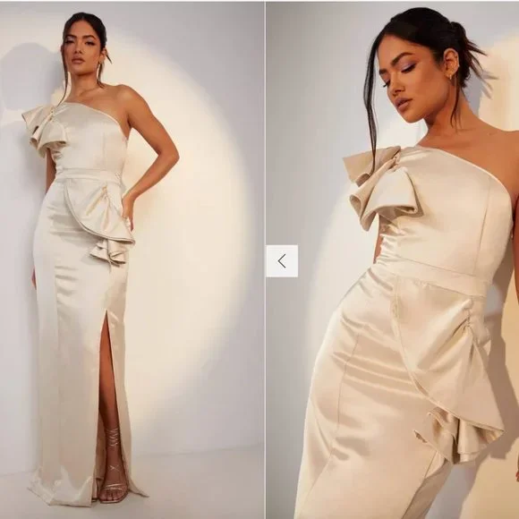 strapless open back dress Berylove Women One Shoulder Wedding Dress Blush A Line Long Wedding Guest Dress, Blush / US24W